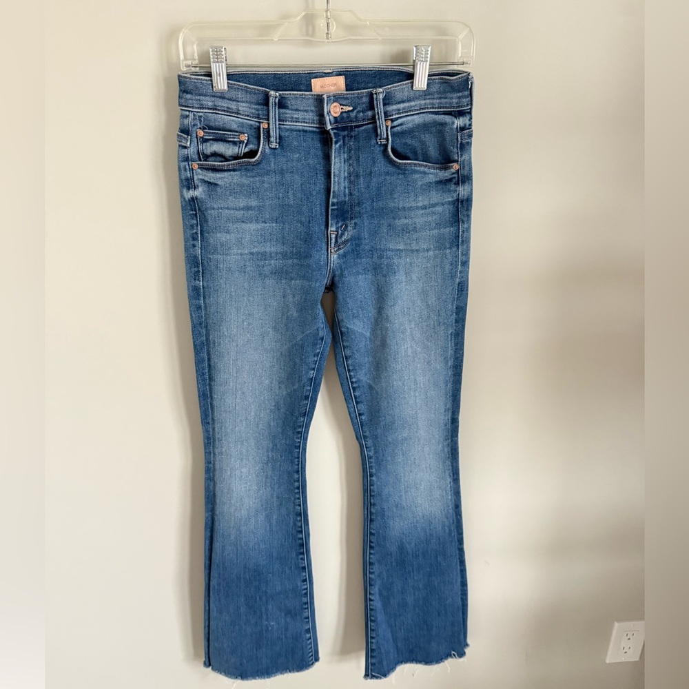 MOTHER Jeans Flare Leg The Weekend Fray Light Blue Flare Jeans